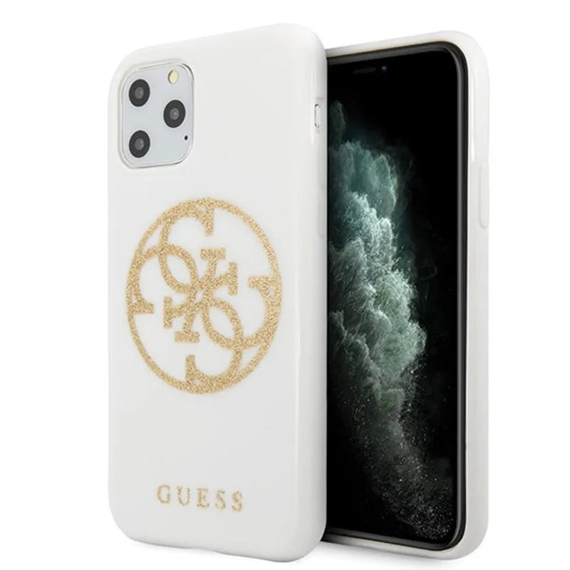 Guess Circle Glitter 4G – dėklas „iPhone 11 Pro Max“ (baltas)