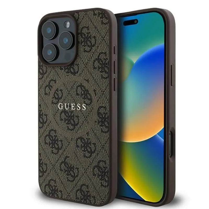 „Guess 4G Ring Classic Logo MagSafe“ – dėklas „iPhone 16 Pro“ (rudas)