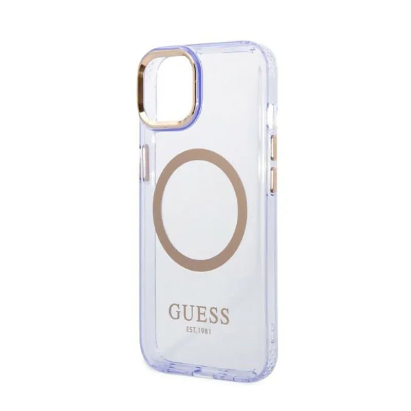 Guess Gold Outline Translucent MagSafe – dėklas iPhone 14 telefonui (violetinis)