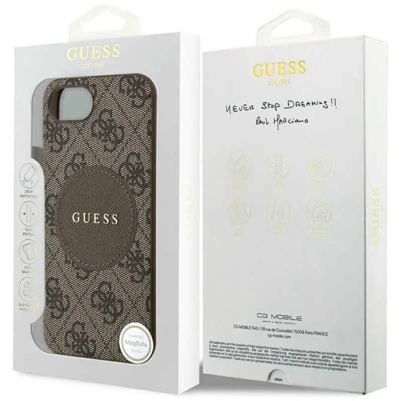 Guess 4G Circle Classic Logo MagSafe dėklas, skirtas iPhone 16e (ruda)