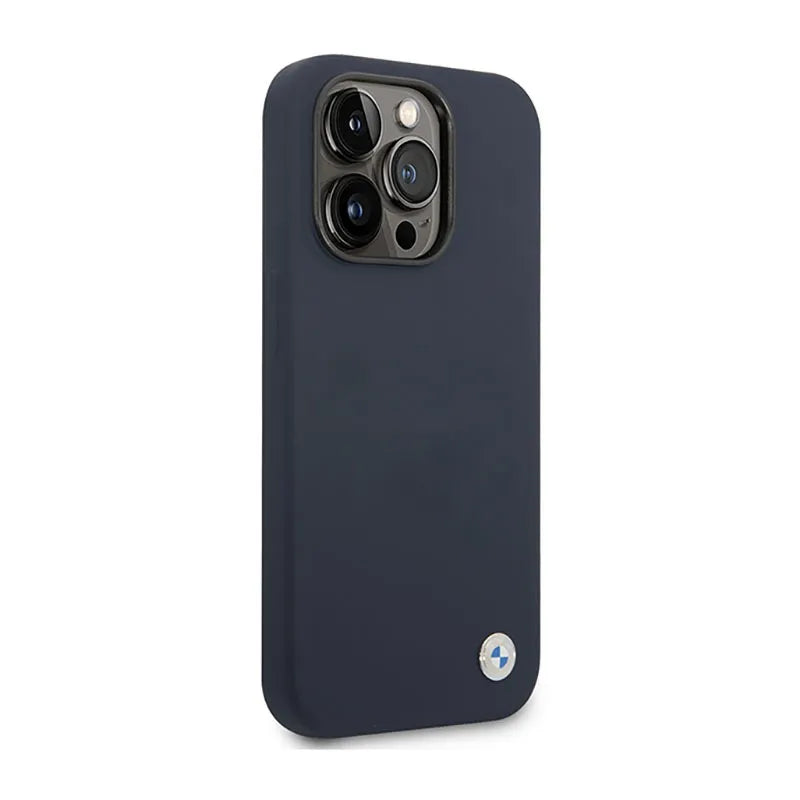 BMW „Liquid Silicone“ dėklas su metaliniu logotipu ir „MagSafe“ palaikymu – dėklas „iPhone 14 Pro Max“ (tamsiai mėlynas)