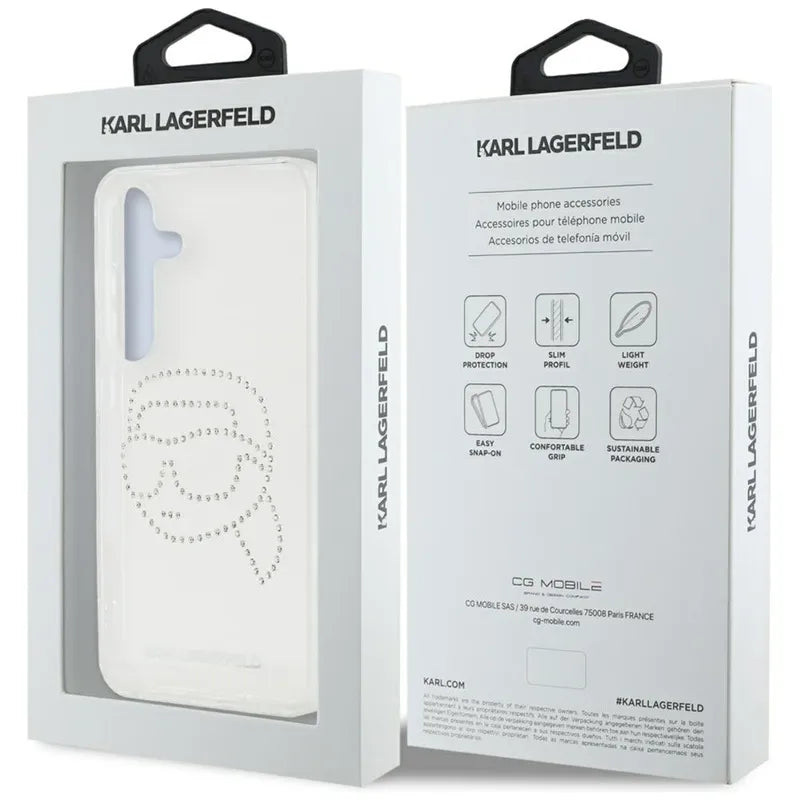 Karl Lagerfeld Rhinestones Karl Head Logo – dėklas Samsung Galaxy S25 (skaidrus)