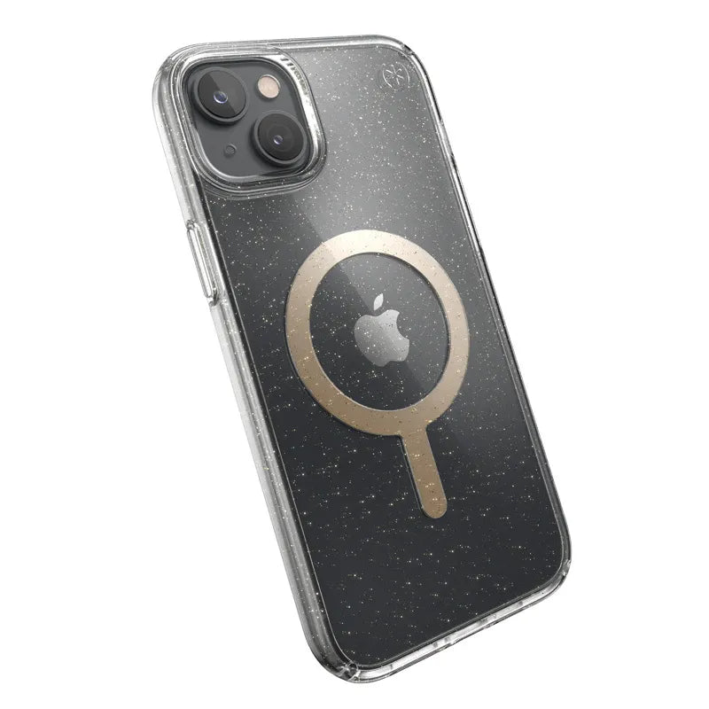 Speck Presidio Perfect-Clear with Glitter + MagSafe – iPhone 15 Plus / 14 Plus dėklas su MICROBAN danga (skaidrus / auksiniai blizgučiai)