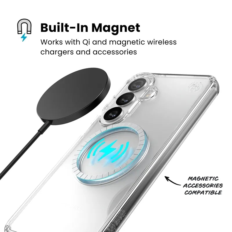 Speck Presidio Perfect-Clear Magnet – Samsung Galaxy S26+ MagSafe dėklas (Skaidrus/Skaidrus/Sidabrinis)