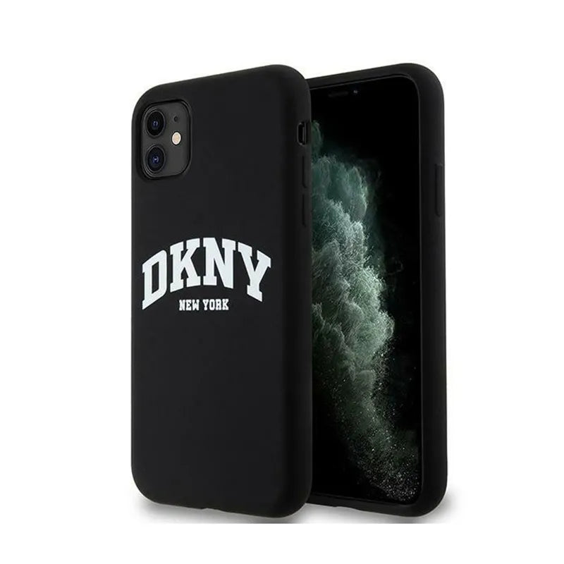 DKNY Liquid Silicone White Printed Logo MagSafe – dėklas iPhone 11 (juodas)