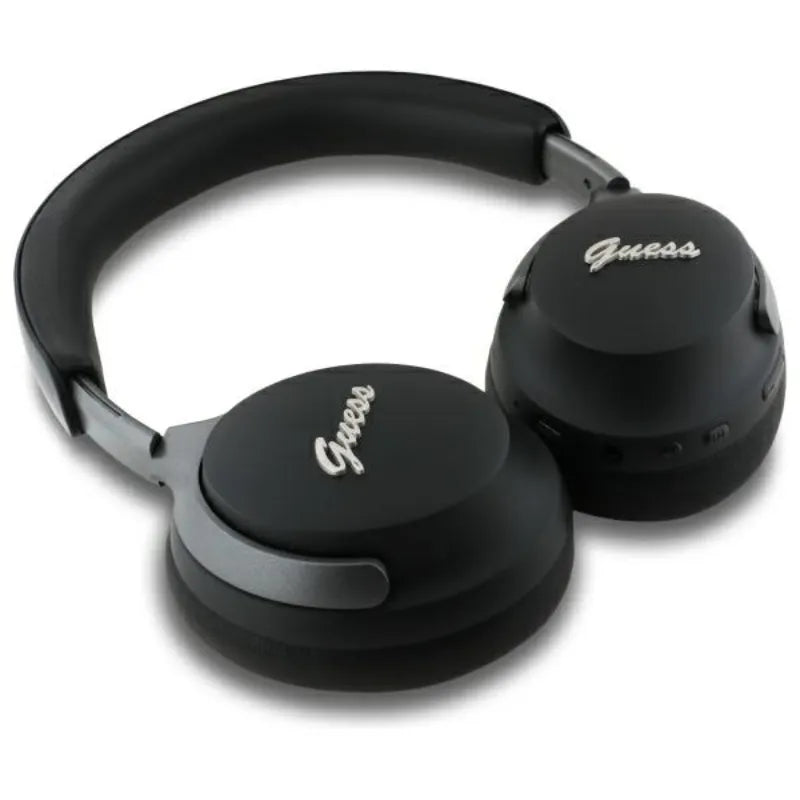 Guess Metal Script Logo – belaidės ant ausų dedamos „Bluetooth“ ausinės ANC + ENC (juodos)