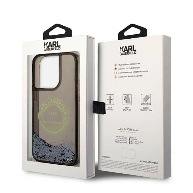 Karl Lagerfeld Liquid Glitter Round RSG Logo dėklas – dėklas skirtas iPhone 14 Pro (juodas)