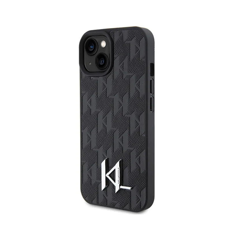 Karl Lagerfeld Leather Monogram Hot Stamp Metal Logo – dėklas iPhone 15 telefonui (juodas)