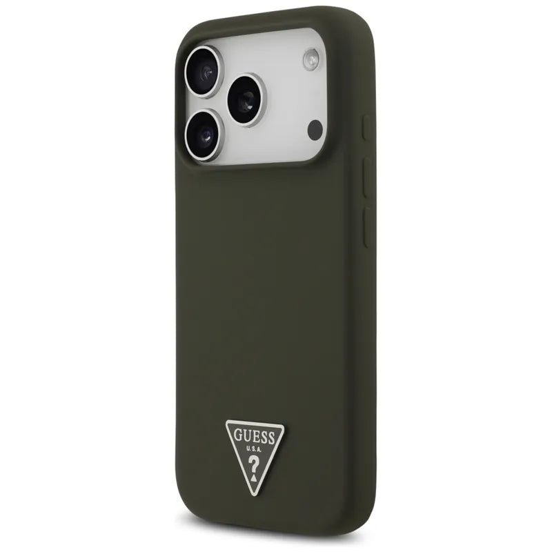 Guess Silicone Triangle Logo MagSafe dėklas iPhone 17 Pro (chaki spalvos)