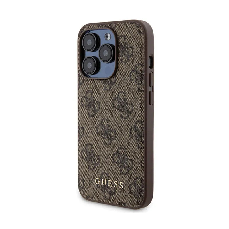 Guess rinkinys MagSafe 4G Metal Gold Logo – dėklas + 5000mAh MagSafe išorinis akumuliatorius, skirtas iPhone 15 Pro (rudas)
