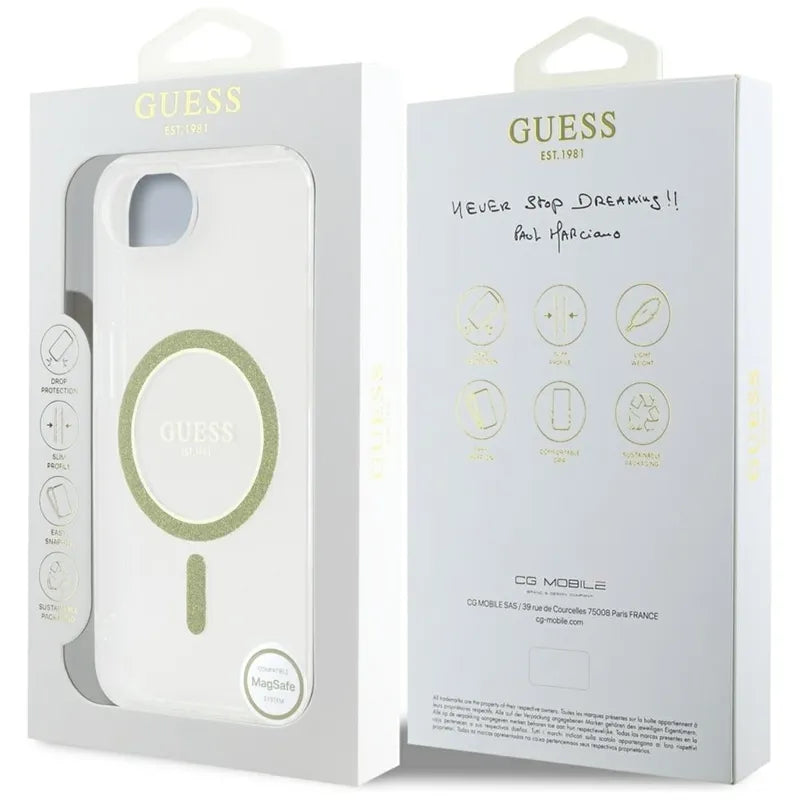 Guess IML Glitter Circle MagSafe – dėklas, skirtas iPhone 16e (skaidrus)
