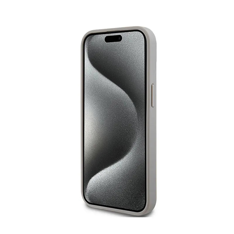 DKNY Leather Mono Stripe & Metal Logo – dėklas iPhone 15 / 14 / 13 (smėlio spalvos)