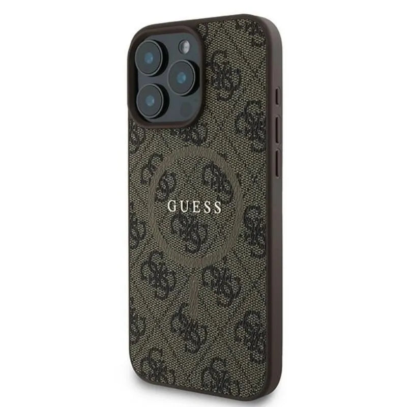 „Guess 4G Ring Classic Logo MagSafe“ – dėklas „iPhone 16 Pro“ (rudas)