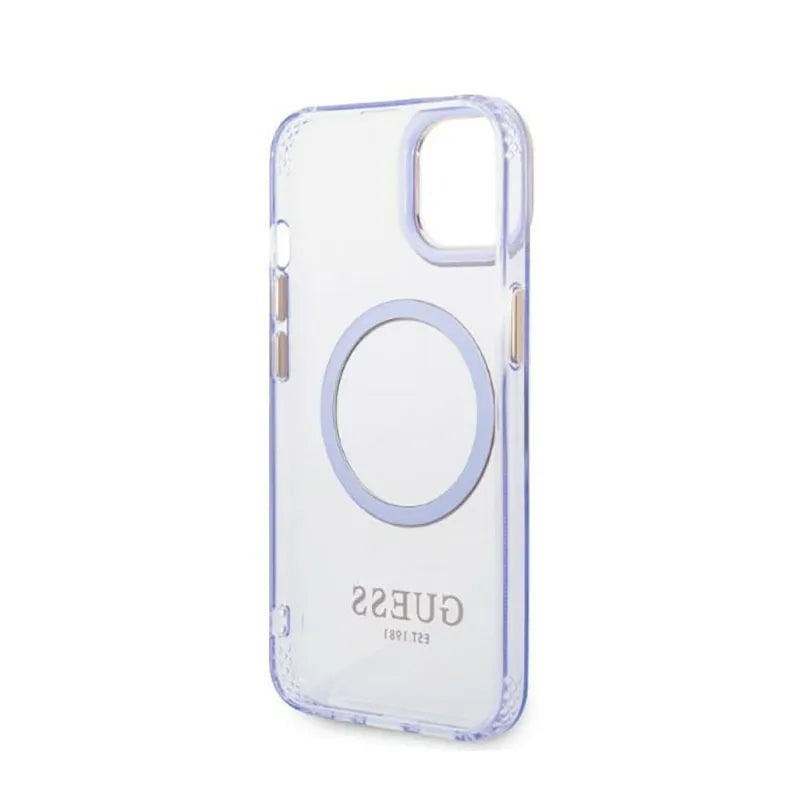 Guess Gold Outline Translucent MagSafe – dėklas iPhone 14 telefonui (violetinis)