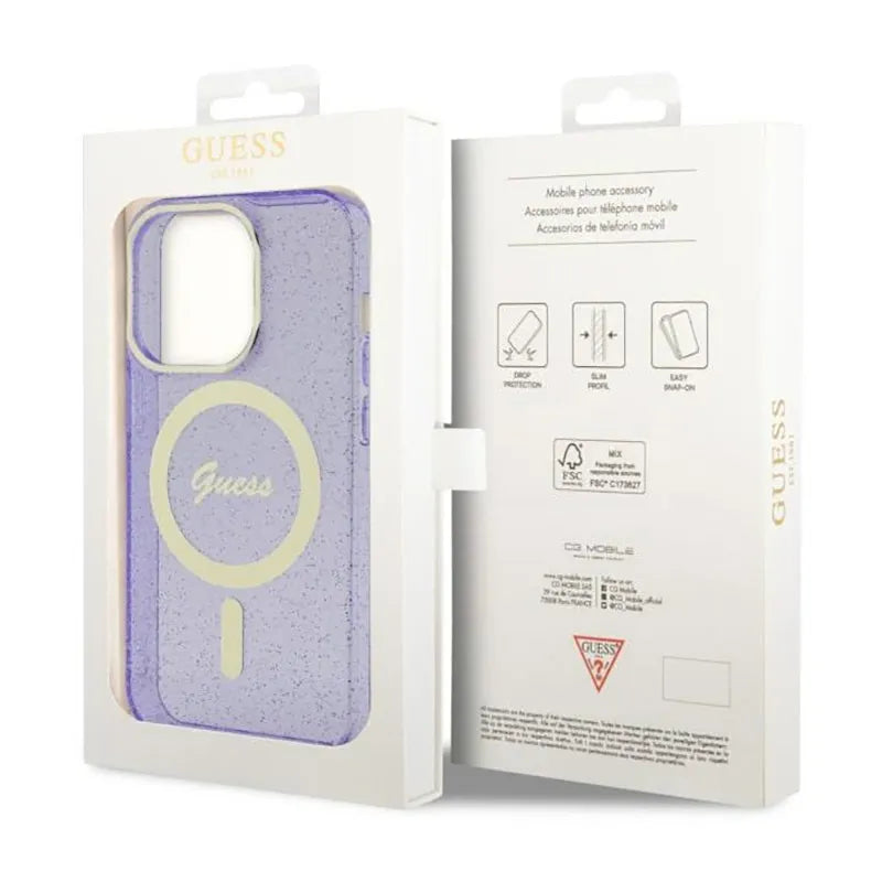 Guess Glitter Gold MagSafe – dėklas iPhone 14 Pro Max (violetinis)