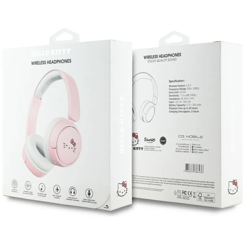 Hello Kitty Face Logo – belaidės ant ausų dedamos Bluetooth V5.3 ausinės (rožinės)