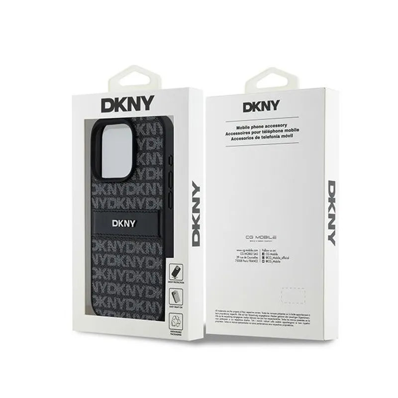 DKNY Leather Mono Stripe & Metal Logo – dėklas iPhone 15 Pro telefonui (juodas)