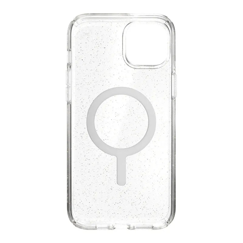 Speck Presidio Perfect-Clear with Glitter + MagSafe – iPhone 15 Plus / 14 Plus dėklas su MICROBAN danga (skaidrus / auksiniai blizgučiai)