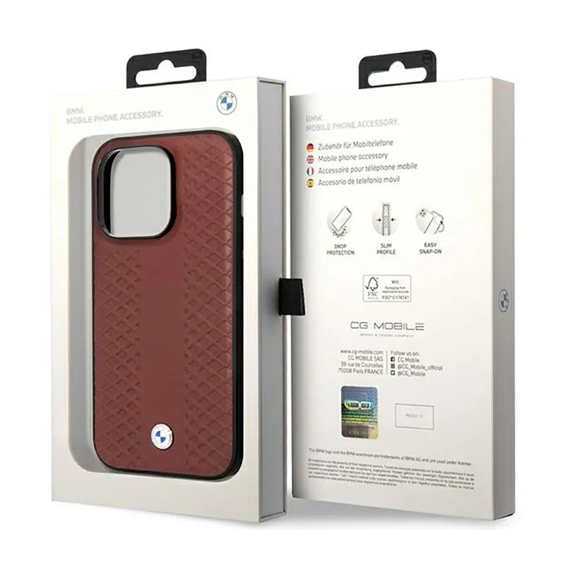 BMW Leather Diamond Pattern – dėklas iPhone 14 Pro Max (bordo spalvos)