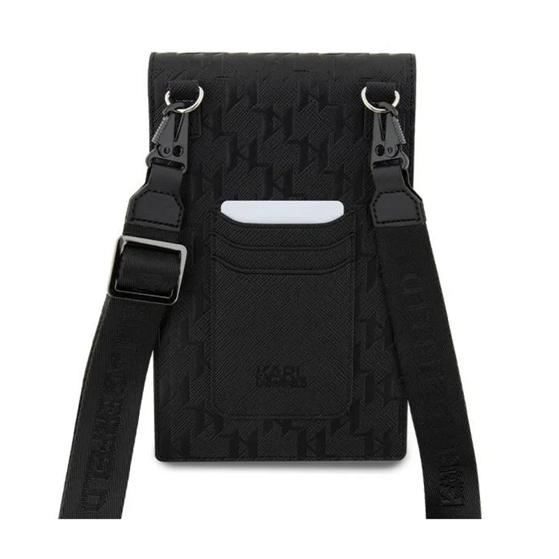 Karl Lagerfeld Saffiano Monogram Ikonik – telefono krepšys per petį (juodas)