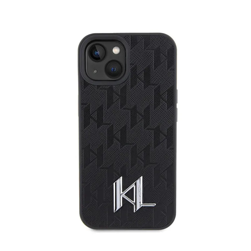 Karl Lagerfeld Leather Monogram Hot Stamp Metal Logo – dėklas iPhone 15 telefonui (juodas)