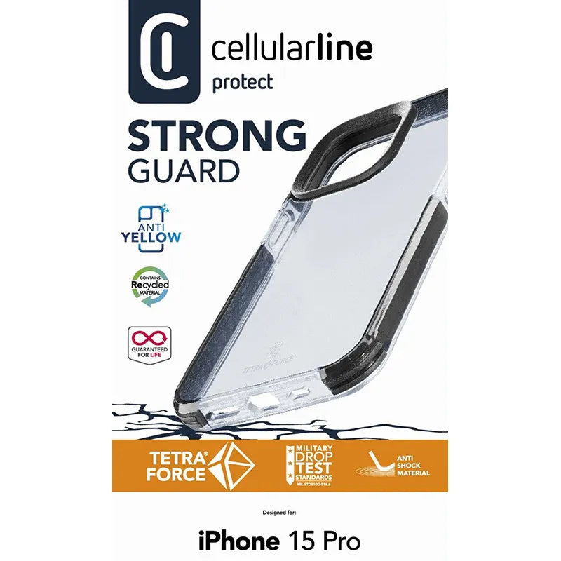 Cellularline Tetra Force Strong Guard – „iPhone 15 Pro“ dėklas su MICROBAN danga (skaidrus)