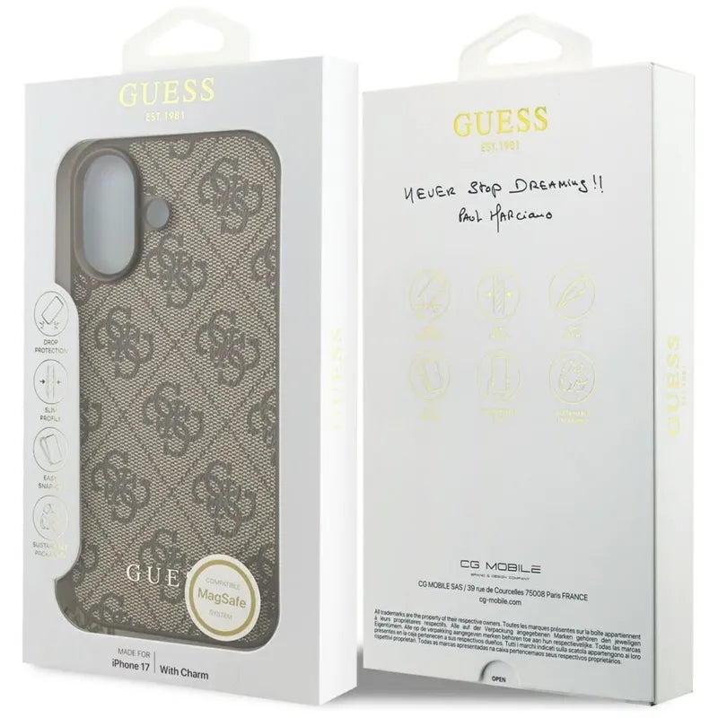 Guess 4G Charms Collection MagSafe – dėklas iPhone 17 (rudos spalvos)