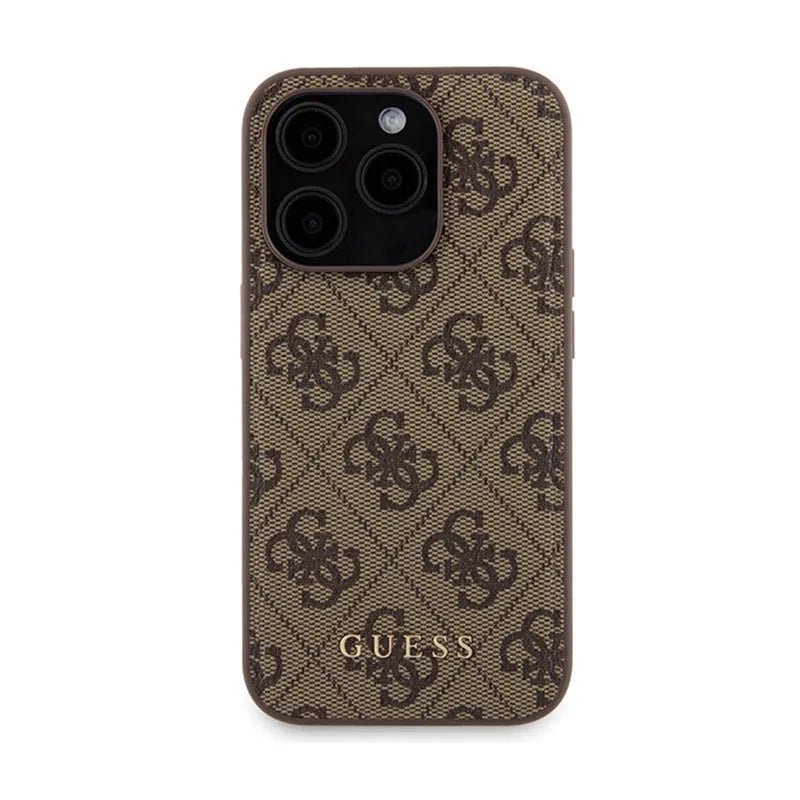 Guess rinkinys MagSafe 4G Metal Gold Logo – dėklas + 5000mAh MagSafe išorinis akumuliatorius, skirtas iPhone 15 Pro (rudas)