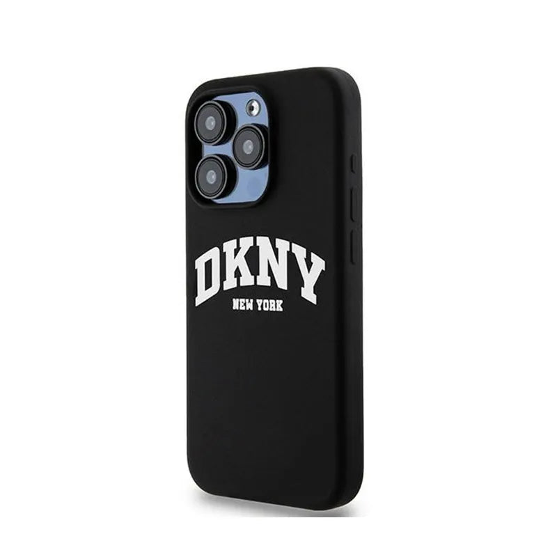 DKNY Liquid Silicone White Printed Logo MagSafe – dėklas iPhone 15 Pro (juodas)