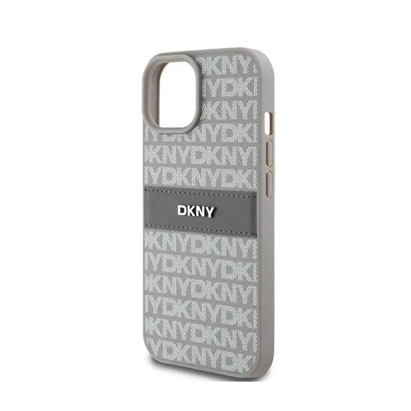 DKNY Leather Mono Stripe & Metal Logo – dėklas iPhone 15 / 14 / 13 (smėlio spalvos)