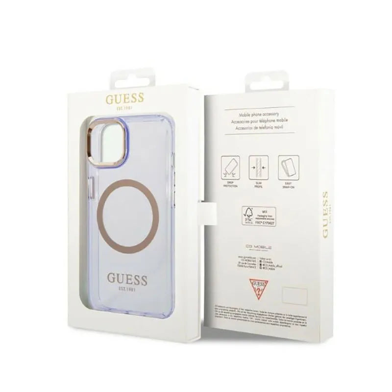 Guess Gold Outline Translucent MagSafe – dėklas iPhone 14 telefonui (violetinis)