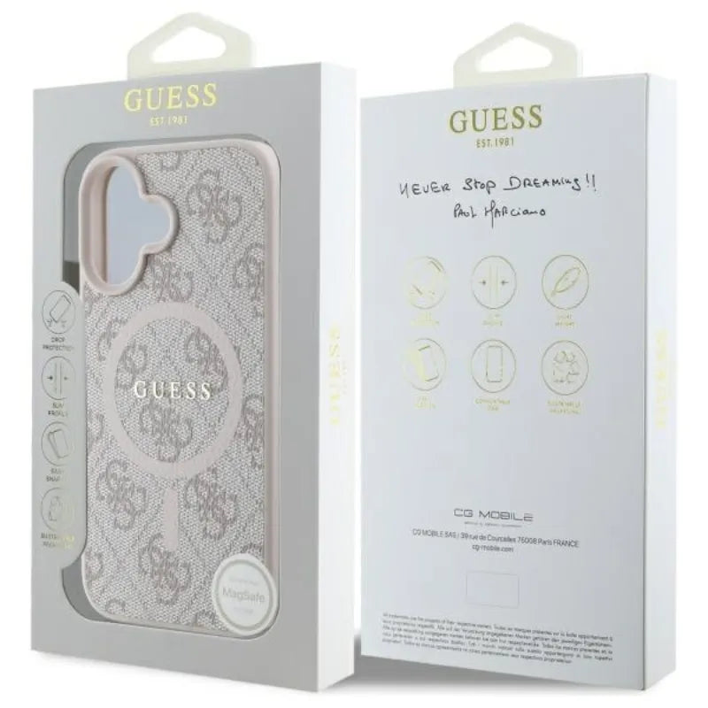 Guess 4G Ring Classic Logo MagSafe – dėklas, skirtas iPhone 16 (rožinis)