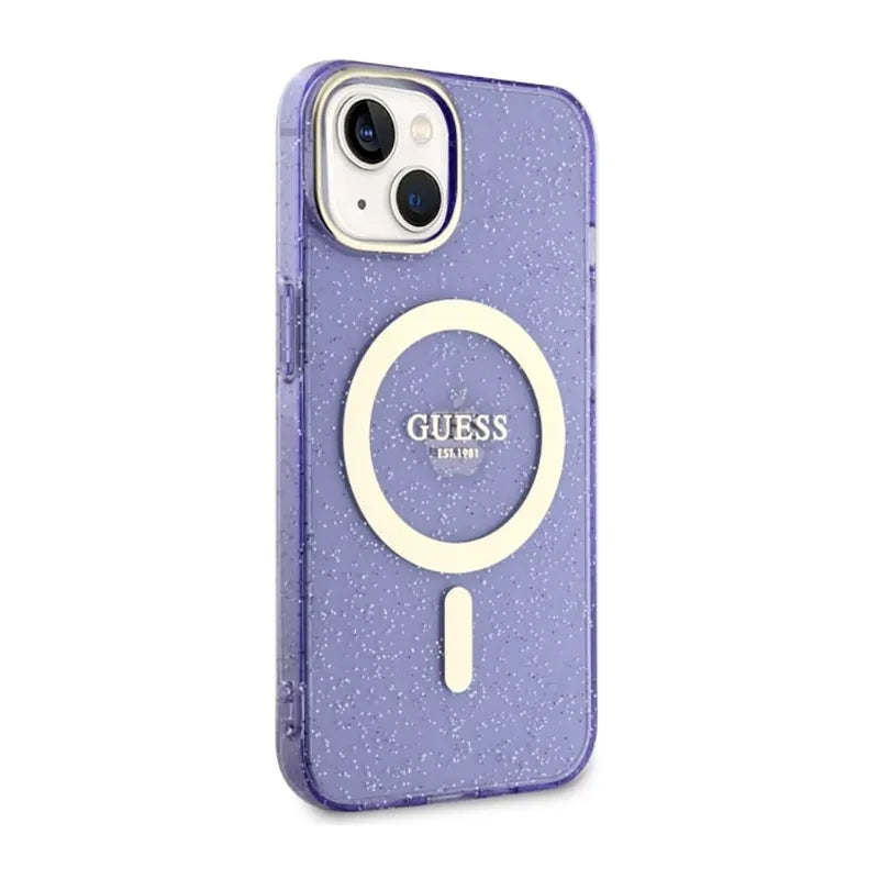 Guess Glitter Gold MagSafe – dėklas iPhone 14 Plus (violetinis)