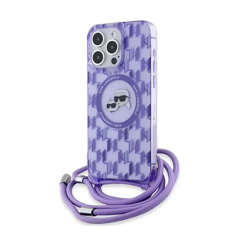 Karl Lagerfeld IML Crossbody Monogram Karl & Choupette Head MagSafe – dėklas iPhone 15 Pro (violetinis)