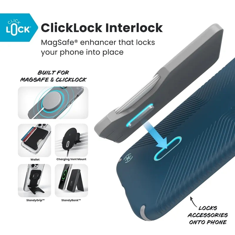 Speck Presidio2 Grip ClickLock & MagSafe – iPhone Air dėklas (Deep Sea / Silver Metallic / Spell Blue)