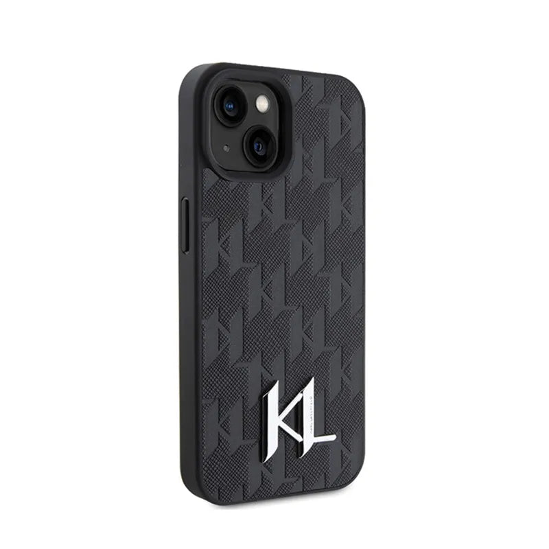 Karl Lagerfeld Leather Monogram Hot Stamp Metal Logo – dėklas iPhone 15 telefonui (juodas)