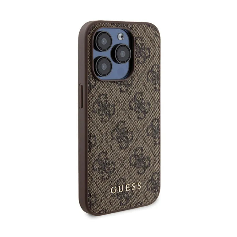 Guess rinkinys MagSafe 4G Metal Gold Logo – dėklas + 5000mAh MagSafe išorinis akumuliatorius, skirtas iPhone 15 Pro (rudas)