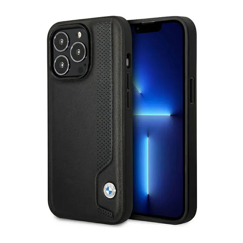 BMW Leather Blue Dots – Dėklas iPhone 14 Pro (juodas)