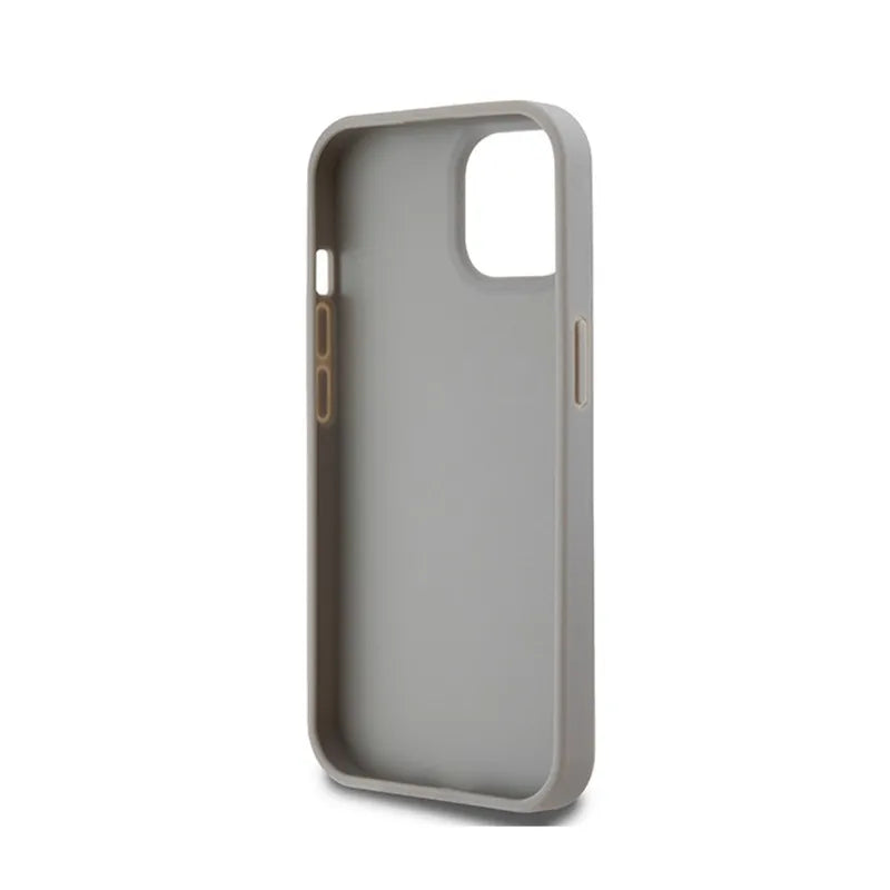 DKNY Leather Mono Stripe & Metal Logo – dėklas iPhone 15 / 14 / 13 (smėlio spalvos)