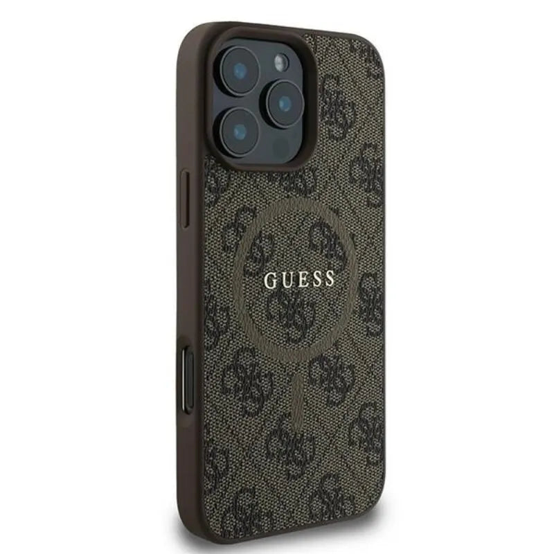 „Guess 4G Ring Classic Logo MagSafe“ – dėklas „iPhone 16 Pro“ (rudas)
