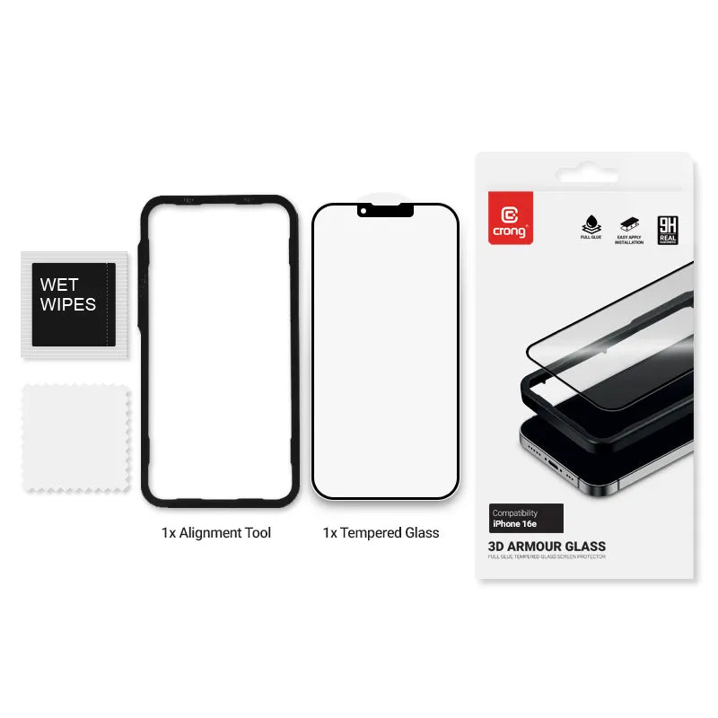 Crong 3D Armor Glass – grūdintas stiklas iPhone 17e / 16e / 14 / 13 / 13 Pro + montavimo rėmelis