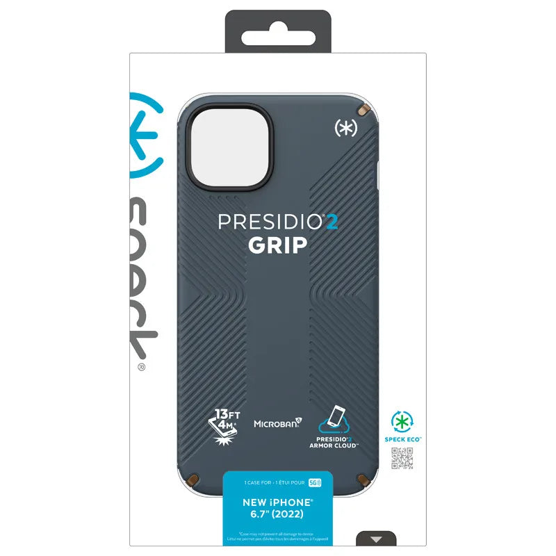Speck Presidio2 Grip – neslystantis iPhone 15 Plus / 14 Plus dėklas (anglies / vėsios bronzos / skalūno spalvos)