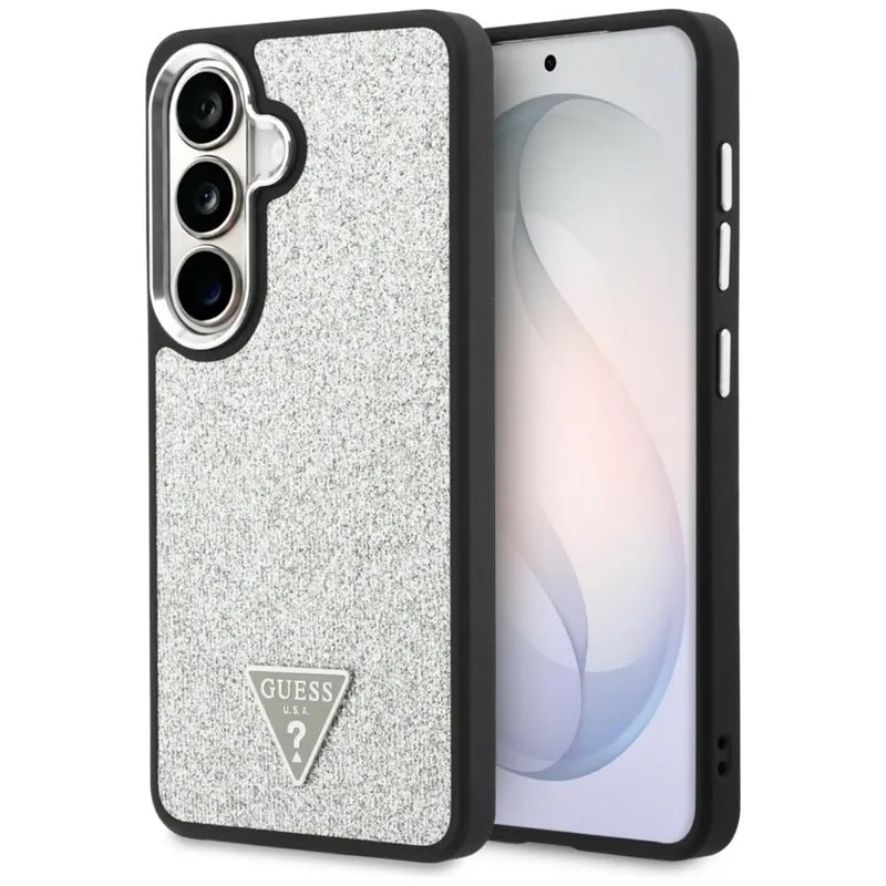 Guess Fixed Glitter Triangle MagSafe – Samsung Galaxy S26 dėklas (sidabrinis)