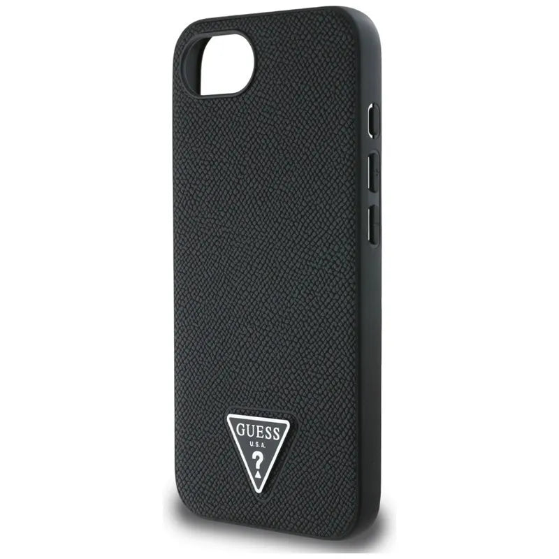 Guess Grained Triangle MagSafe – dėklas iPhone 16e (juodas)