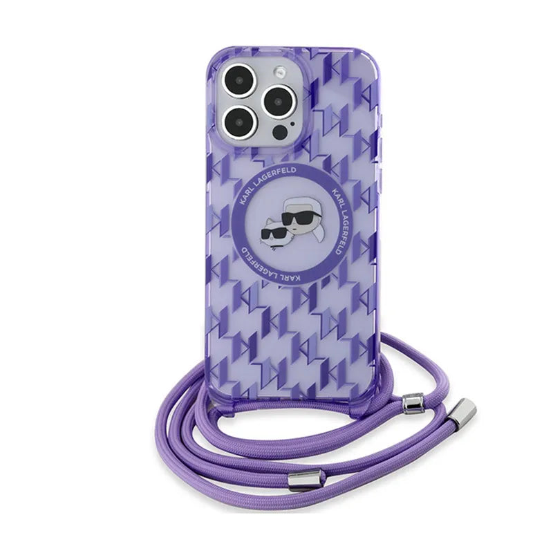 Karl Lagerfeld IML Crossbody Monogram Karl & Choupette Head MagSafe – dėklas iPhone 15 Pro (violetinis)
