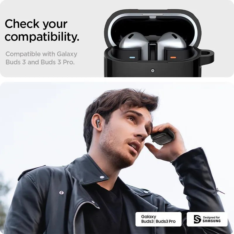 Spigen Rugged Armor – Dėklas Samsung Galaxy Buds 3 / 3 FE / 3 Pro (Matinė juoda)