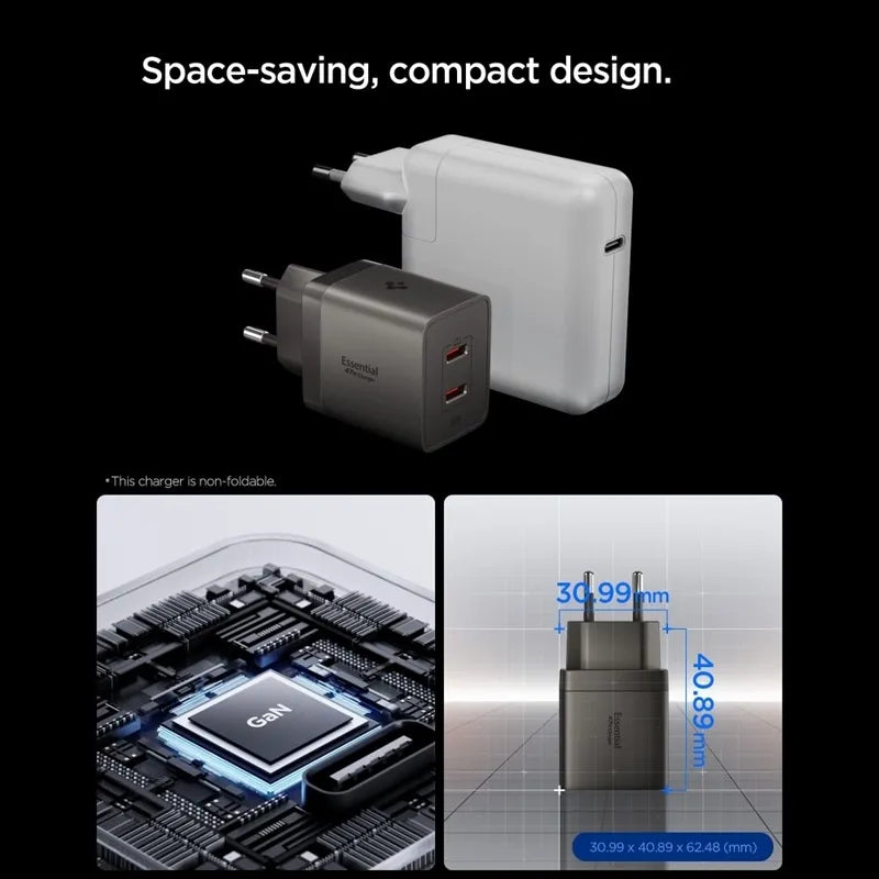 Spigen Essential EE472EU GaN - 2x USB-C PD PPS 47W sieninis įkroviklis (tamsiai pilkas)
