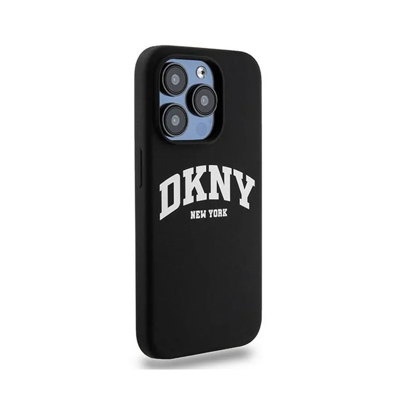 DKNY Liquid Silicone White Printed Logo MagSafe – dėklas iPhone 15 Pro (juodas)
