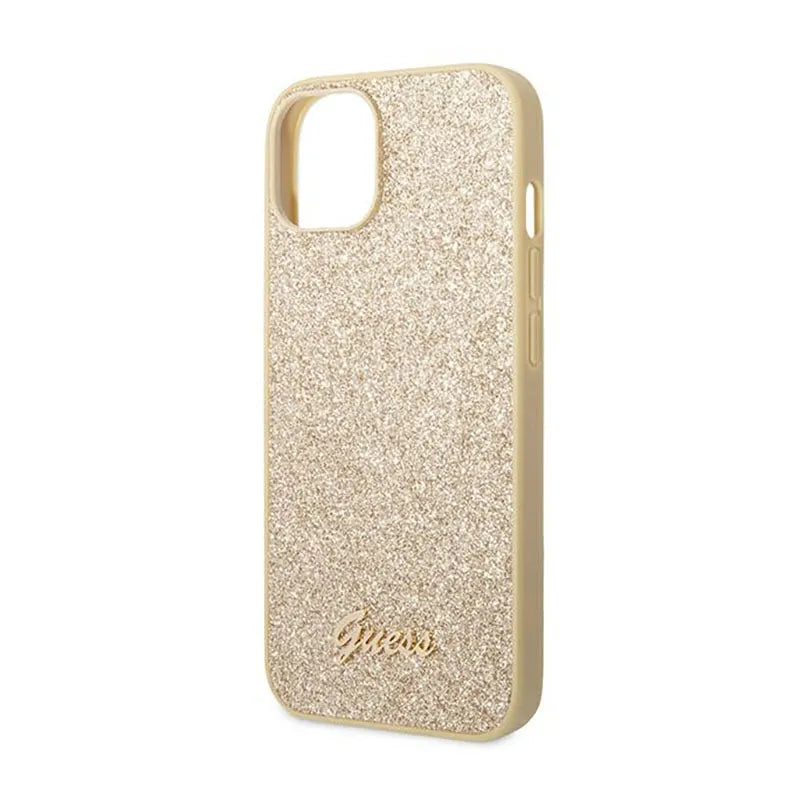 Guess Glitter Flakes Metal Logo dėklas – dėklas, skirtas iPhone 14 (auksinis)