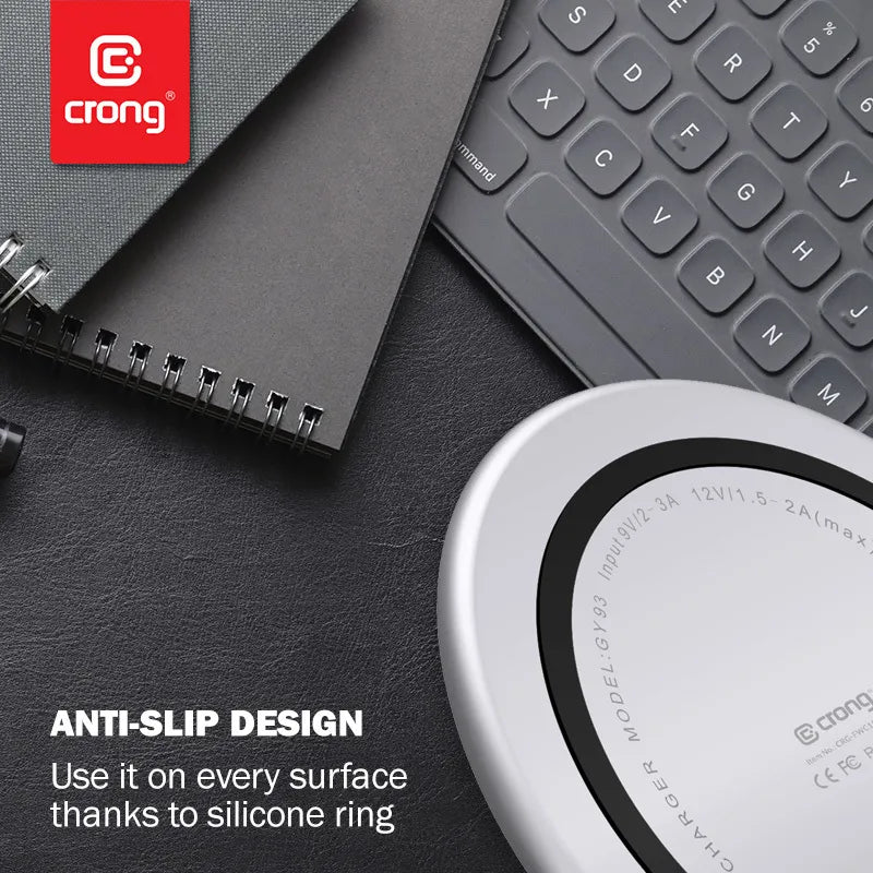 „Crong PowerSpot“ greitasis belaidis įkroviklis – 15 W aliumininis USB-C „Qi“ belaidis įkroviklis su grūdinto stiklo danga (Shadow Black)